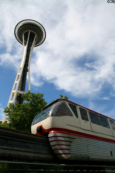 Alweg Monorail built for Seattle World's Fair (1962) passes Space Needle. Seattle, WA.
