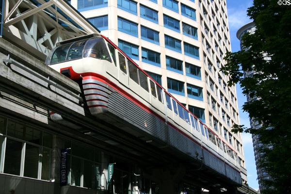 Alweg Monorail sits in downtown Seattle Westlake Center station. Seattle, WA.