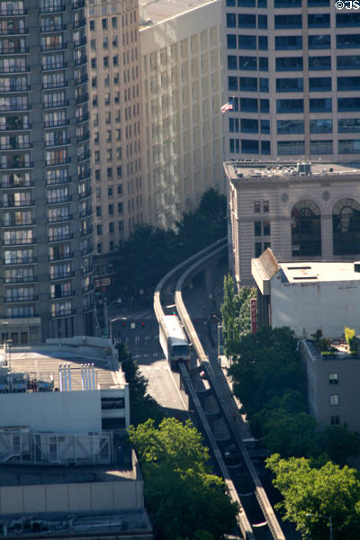Alweg Monorail tracks seen from Space Needle observation deck. Seattle, WA.