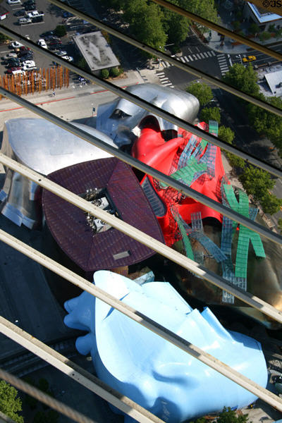Experience Music Project (2000) & Science Fiction Museum (2004) buildings (EMP|FSM) from Space Needle. Seattle, WA. Architect: Frank O. Gehry.