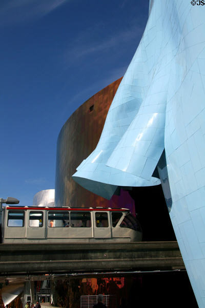 Monorail between blue Science Fiction Museum & copper Experience Music Project section of Gehry's EMP|FSM building. Seattle, WA.