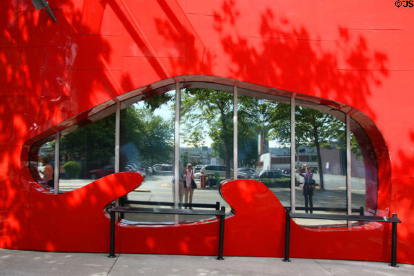 Bear-shaped window in red section of EMP|FSM. Seattle, WA.