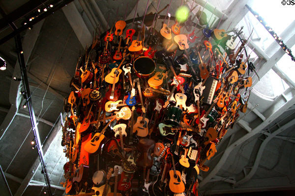 Guitar & instrumental details of Trimpin's sculpture called If XI was IX at EMP|FSM. Seattle, WA.