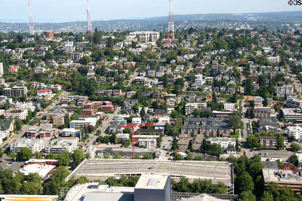 Queen Anne Hill residential neighborhood of Seattle from Space Needle. Seattle, WA.