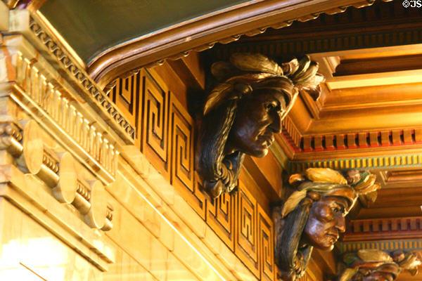 Original carved Indian head sculptures in lobby of Smith Tower. Seattle, WA.