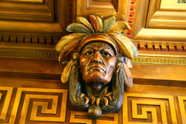 Carved Indian head sculpture in lobby of Smith Tower. Seattle, WA.