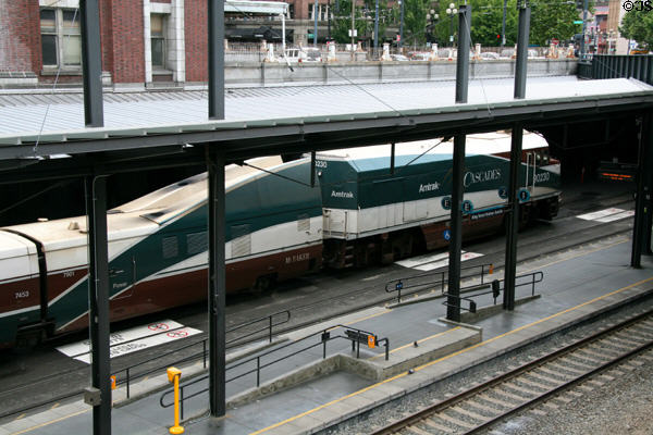 Amtrak Cascades train locomotive & Mt Baker power car at Seattle's King Street Station. Seattle, WA.