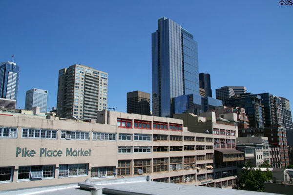 Pike Place Market against Seattle skyline. Seattle, WA.