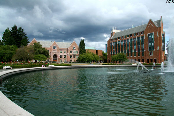 Guggenheim Hall / Kirsten Wind Tunnel & Electrical Engineering building over Drumheller Fountain on University of Washington campus. Seattle, WA.