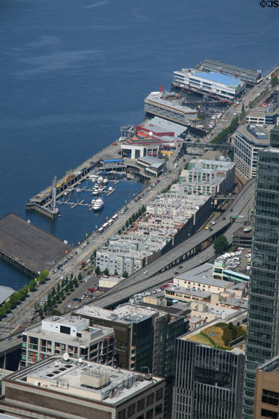 Seattle waterfront seen from Columbia Center Sky View. Seattle, WA.
