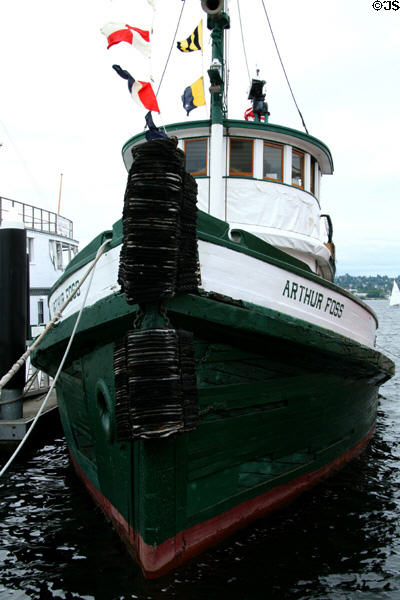 Tugboat Arthur Foss (1889) built to tow sailing ships across Columbia River Bar & then towed prospector supplies during Klondike Gold Rush at Northwest Seaport. Seattle, WA. On National Register.