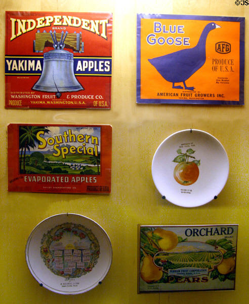 Yakima fruit shipping labels & souvenir plates (early 20thC) at Washington State History Museum. Tacoma, WA.