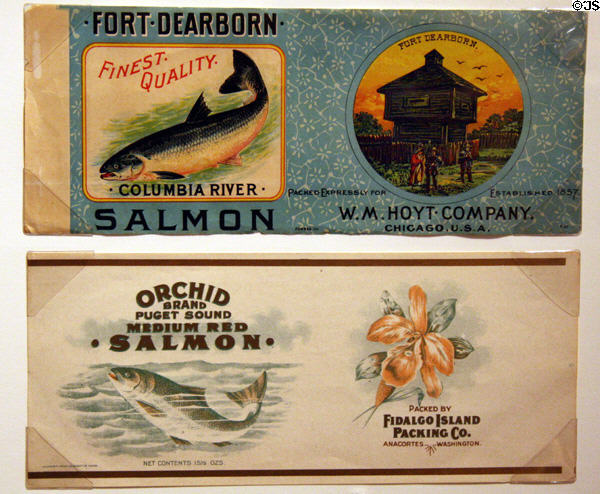 Historic salmon canning labels (1900-30) at Washington State History Museum. Tacoma, WA.