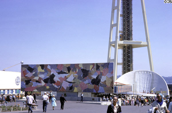 Mural by Paul Horiuchi (1962) on Electric Living Pavilion with Electric Power waterfall & Space Needle beyond at Century 21 Exposition. Seattle, WA.