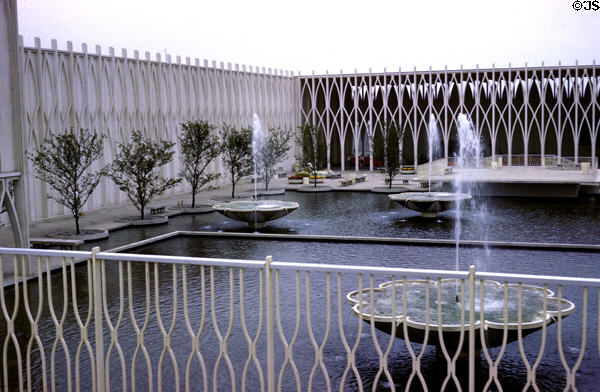 Courtyard with fountains in Federal Science Pavilion at Century 21 Exposition. Seattle, WA.