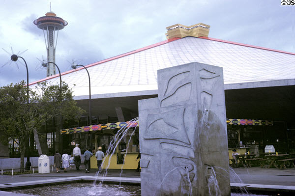 Washington State Coliseum (now Key Arena), Space Needle, fountain & atomic-shaped lights at Century 21 Exposition. Seattle, WA. Architect: Paul Thiry.