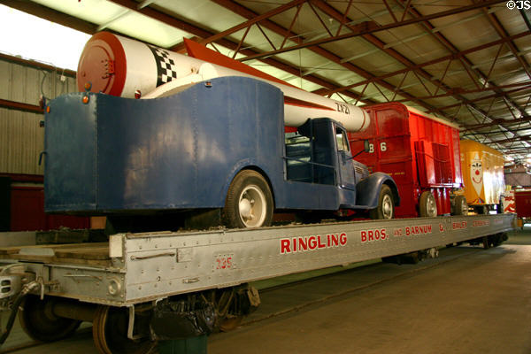 Truck with human cannonball canon on rail flatbed at Circus World Museum. Baraboo, WI.