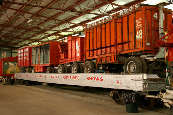 Working circus truck trailers on railway flat car at Circus World Museum. Baraboo, WI.