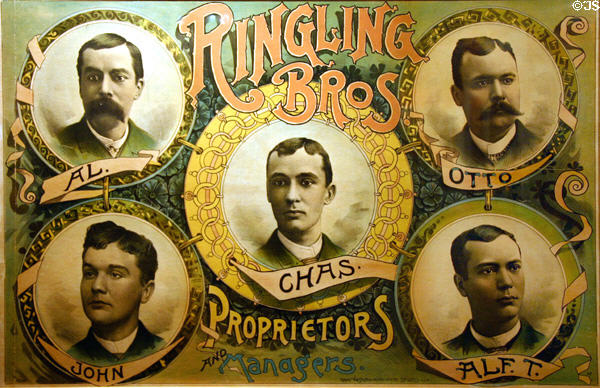 Ringling Bros poster (1888) showing five brothers at Circus World Museum. Baraboo, WI.
