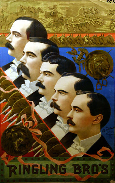 Ringling Bros poster (1900) showing five brothers in trademark mustaches & tuxes at Circus World Museum. Baraboo, WI.