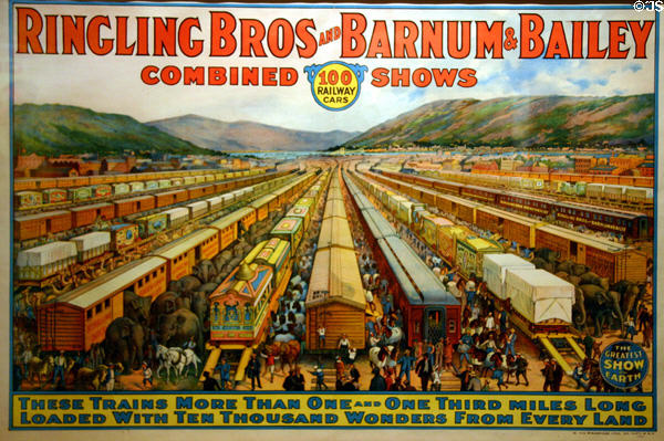 Poster (1923) showing 100 railway cars of Ringling Bros, Barnum & Bailey Circus which would stretch for 1.3 miles at Circus World Museum. Baraboo, WI.