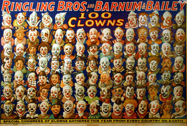 Lithograph (1928) of 100 clowns who gathered for congress of clowns at Ringling Bros, Barnum & Bailey Circus at Circus World Museum. Baraboo, WI.