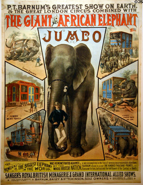 Poster (1882) for combined Barnum & Great London Circuses featuring Jumbo the world's biggest elephant at Circus World Museum. Baraboo, WI.