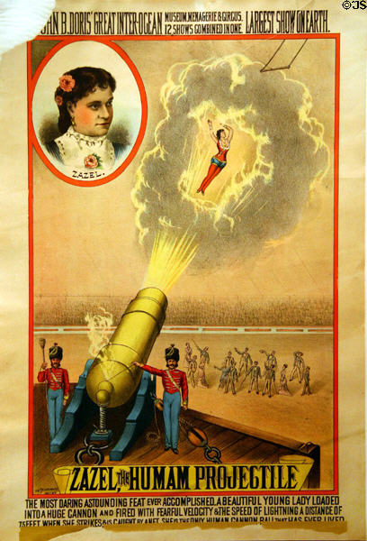 Poster (1886) for Zazel, the [female] human projectile, with John B. Doris' Great Inter-Officer Circus at Circus World Museum. Baraboo, WI.