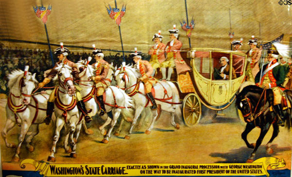 Details of poster (1893) for Adam Forepaugh's American Revolution pageant showing Washington arriving in his carriage for his inauguration at Circus World Museum. Baraboo, WI.