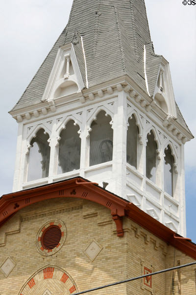 Gothic Revival tower of Zion Lutheran Church. Columbus, WI.