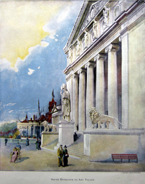 Print (1894) of Art Palace entrance at World's Columbian Exposition by Poole Bros. at Columbus Museum. Columbus, WI.