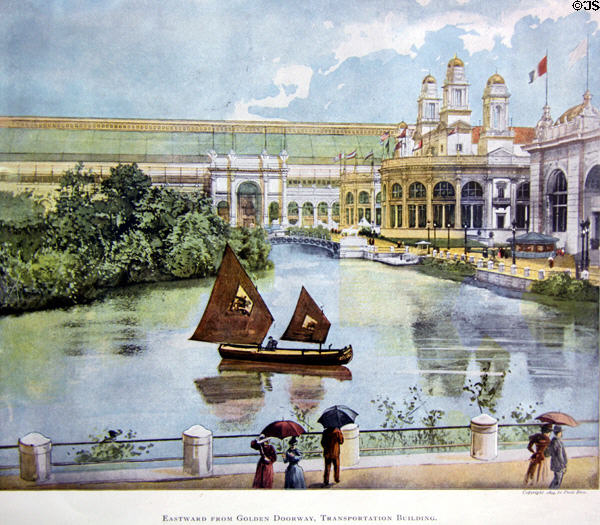 Print (1894) looking east from Transportation Building at World's Columbian Exposition by Poole Bros. at Columbus Museum. Columbus, WI.