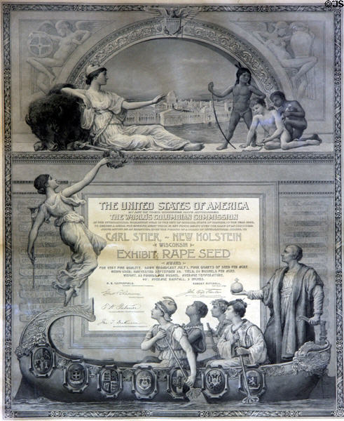World's Columbian Exposition award certificate (1893) at Columbus Museum. Columbus, WI.