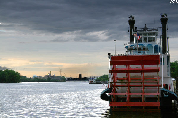 Paddle-wheel riverboat sits on Mississippi River. La Crosse, WI.
