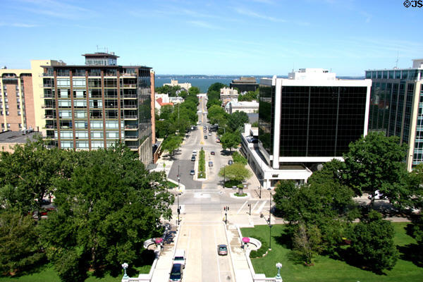 View along Wisconsin Ave. from State Capitol dome to Lake Mendota with 100 Wisconsin Avenue (2004) by Hammel, Green & Abrahamson + Manchester Place (1987) by J.P. Cullen & Sons. Madison, WI.