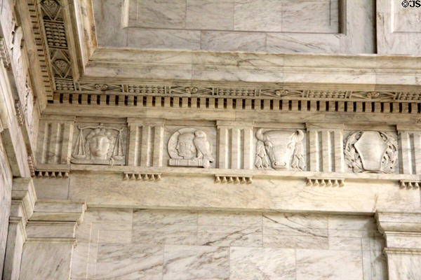Symbols representing peace & justice, art & education, agriculture, and mining & industry carved on West Virginia State Capitol. Charleston, WV.