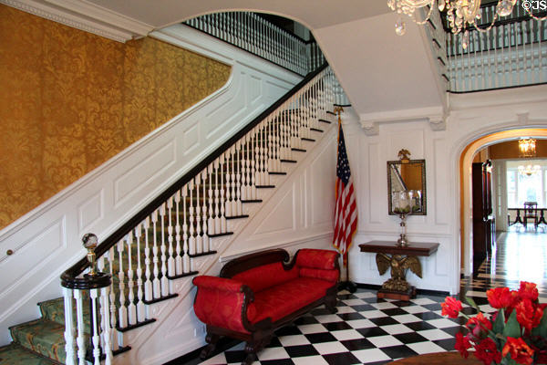 Georgian staircase & black Belgium & white Tennessee marble floor entrance at West Virginia Governor's Mansion. Charleston, WV.