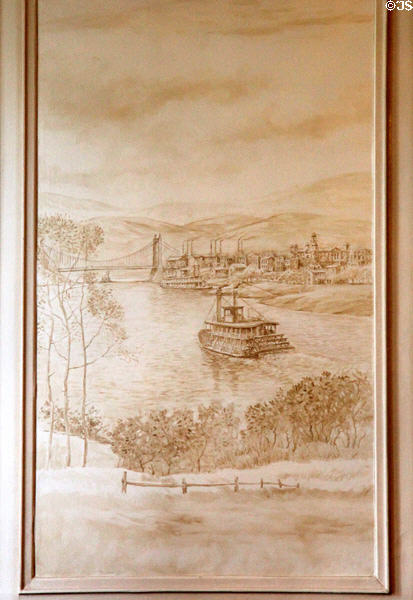 National Road bridge over Ohio River passing Wheeling graphic on wall panel in dining room at West Virginia Governor's Mansion. Charleston, WV.