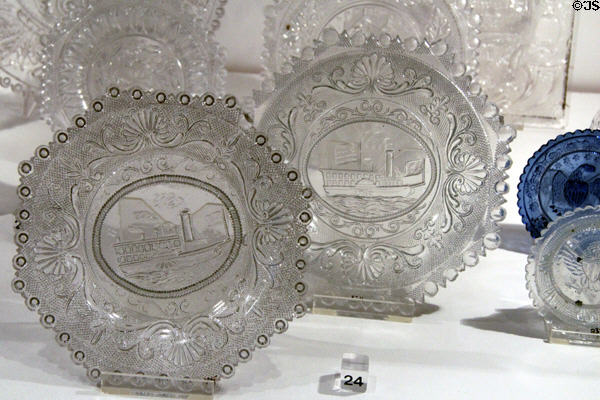 Octagonal Ohio River Steamer pressed lacy lead glass plates (c1830-1835) in glass gallery at Huntington Museum of Art. Huntington, WV.