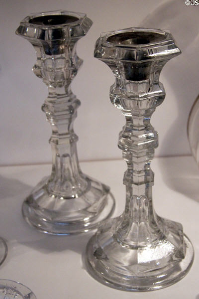 Pressed lead glass candlesticks (c1865-75) from Pittsburgh, PA in glass gallery at Huntington Museum of Art. Huntington, WV.