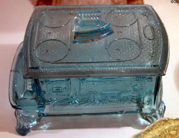 Stove pattern butter dish (late 1870's) by Bryce Brothers, Pittsburgh, PA in glass gallery at Huntington Museum of Art. Huntington, WV.