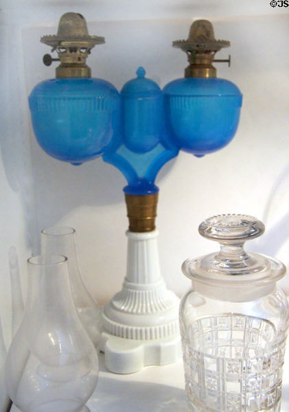 Blue alabaster "Wedding" lamp (c1870) by Ripley & Co., Pittsburgh, PA in glass gallery at Huntington Museum of Art. Huntington, WV.