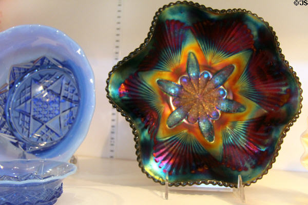 Glass Bowl (c1910-14) with "Petal & Fans" pattern & deep iridescent finish, Dugan Glass Co., Indiana, PA at Huntington Museum of Art. Huntington, WV.