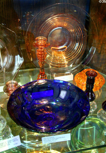 Amber (c1927) & regal blue (1934-42) Fostoria glass bowls & candlesticks at Fostoria Glass Museum. Moundsville, WV.