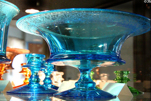 Blue etched console bowl (c1926-7) at Fostoria Glass Museum. Moundsville, WV.
