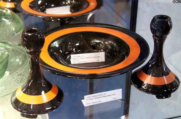 Ebony glassware with orange bands (1925-37) at Fostoria Glass Museum. Moundsville, WV.