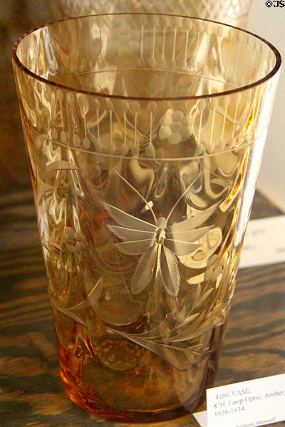 Cut Loop Optic vase in amber (1926-34) at Fostoria Glass Museum. Moundsville, WV.