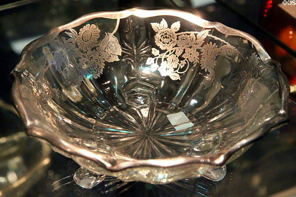 Baroque bon bon bowl with silver overlay (1937-65) at Fostoria Glass Museum. Moundsville, WV.