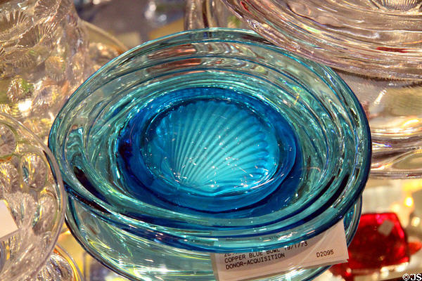 Sea shell bowls in copper blue (1971-3) at Fostoria Glass Museum. Moundsville, WV.