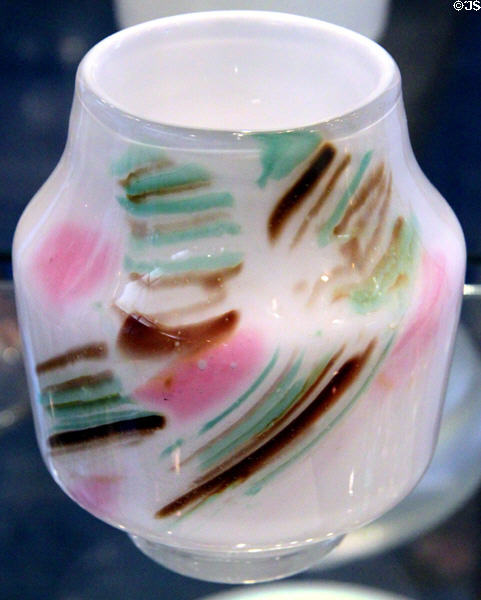 Interpretations opal glass vase with several colors (1977-8) at Fostoria Glass Museum. Moundsville, WV.